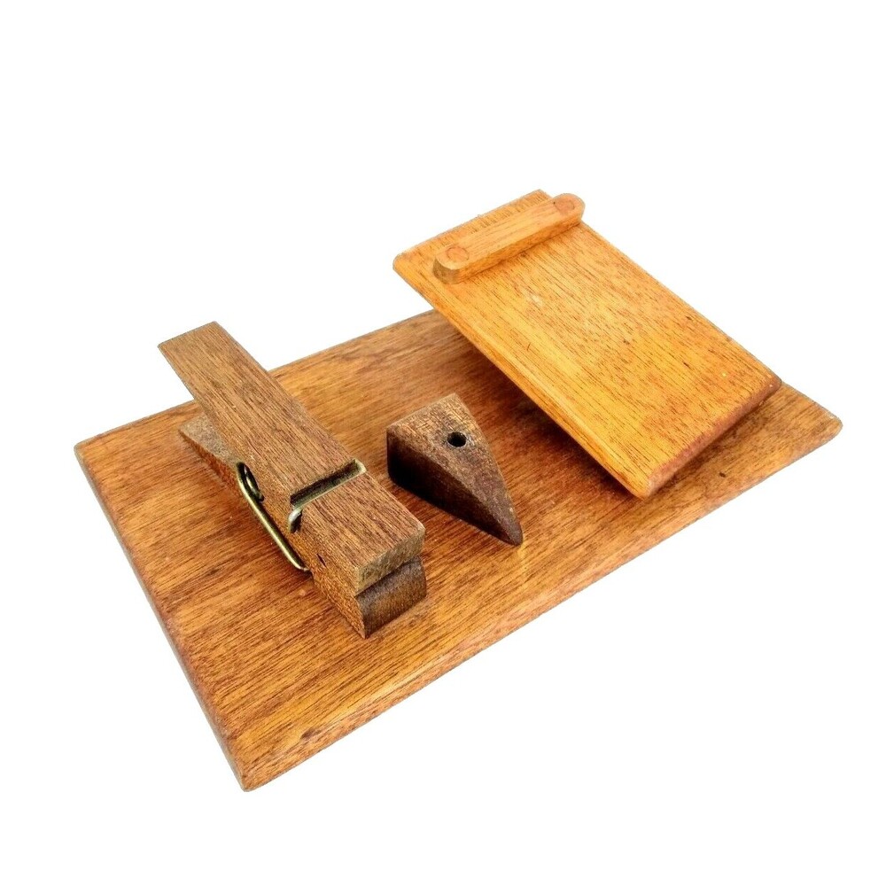 Vintage 70s Jumbo Wood Desk Organizer Notepad Holder Pen Holder Paper Clip